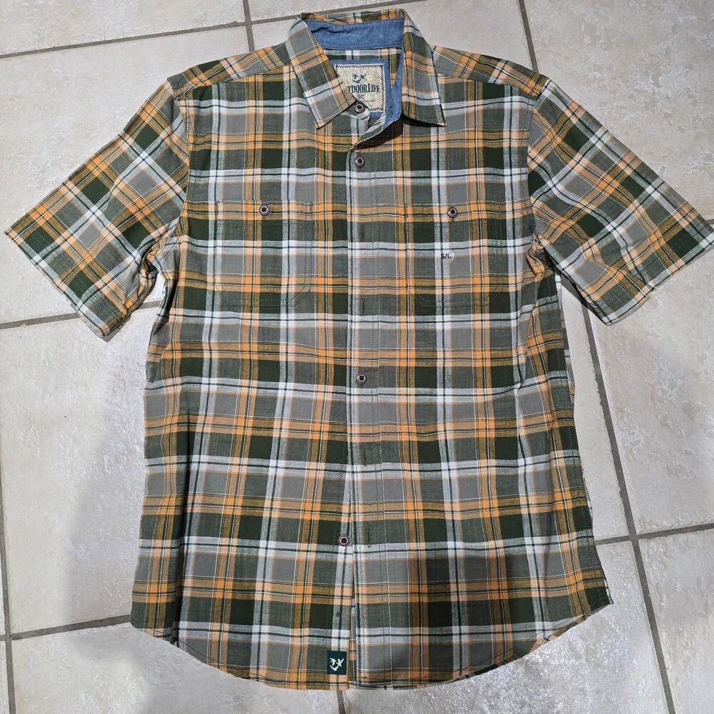 Outdoor Life Mens Size S Button Front Shirt Gray Orange Plaid Short Sleeve